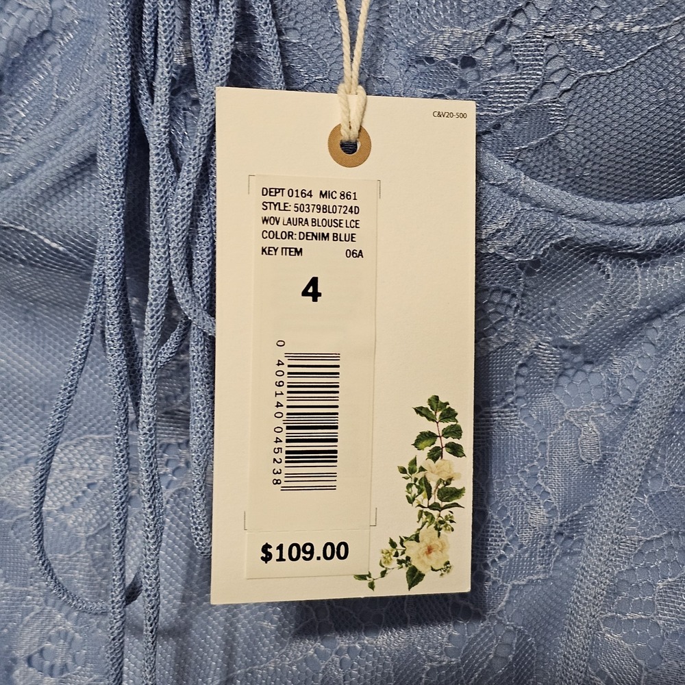 Chelsea & Violet Women Top Size 4 Blue Lace Sweetheart Neck Long Sleeves New 336 - Picture 5 of 9